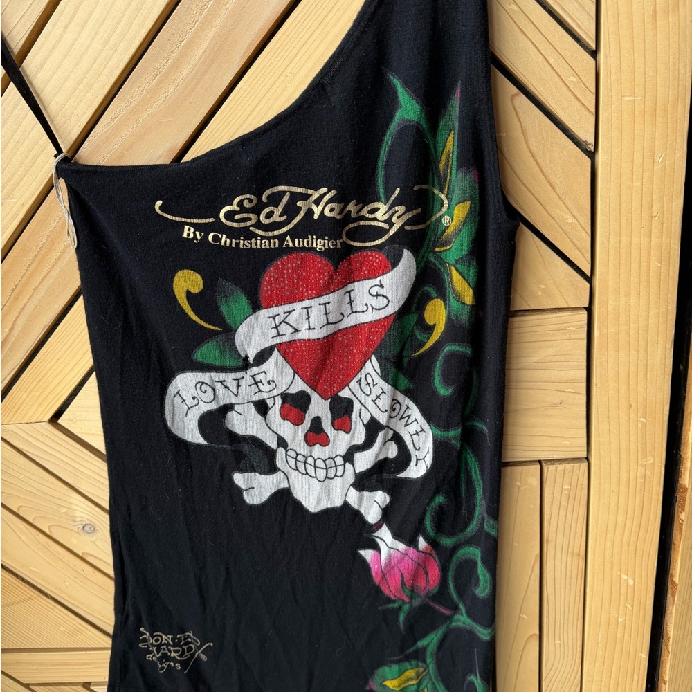 Rare y2k Ed Hardy Black One-Shoulder Dress with Skull and Heart Design